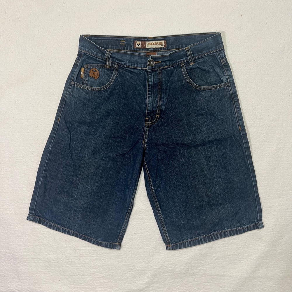 Vintage Mecca USA Denim Jorts Shorts Mens 34 Dark Wash Embroidered 90s Hip Hop